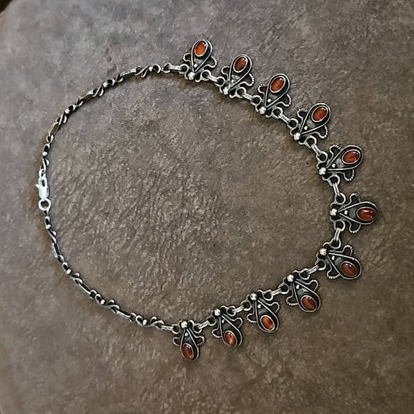 VTG Sterling Silver Red Gemstone Teardrop Colonial Goth Chain Necklace - Picture 3 of 8